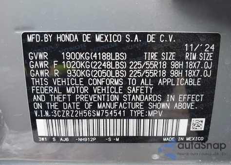 2025 Honda Hr-V Awd Sport from USA, damaged, VIN 3CZRZ2H56SM754541